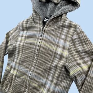 Vintage DC Shoes Plaid Zip Up Hoodie Womens S Sherpa Faux Fur Skate Y2K Grunge
